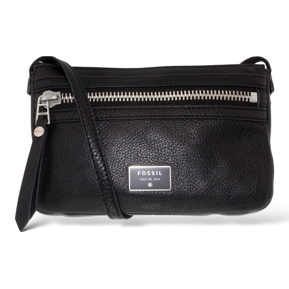 Fossil Black Leather Crossbody Bag with Silver Hardware